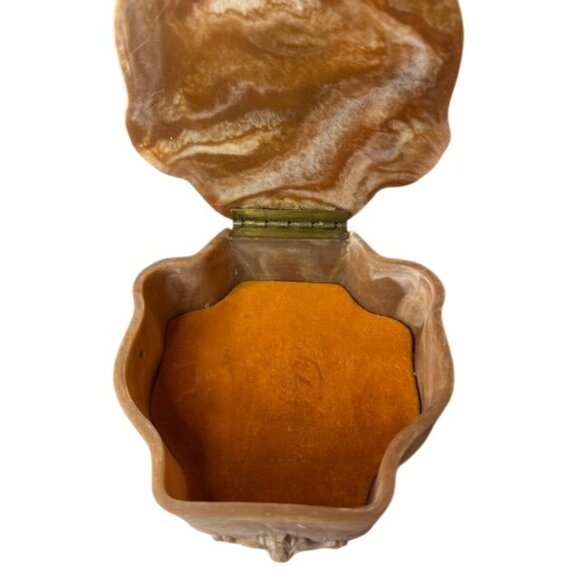 Vintage Carved Incolay Stone Pink Jewelry Trinket Box with Velvet Lining - Picture 3 of 7